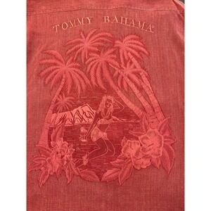 #A071 Tommy Bahama Mens Medium 100% Silk Camp Shirt Coral Embroidered Palm Panel